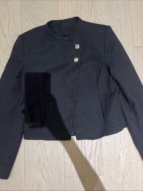 Cropped Black Double-Button Collarless Blazer